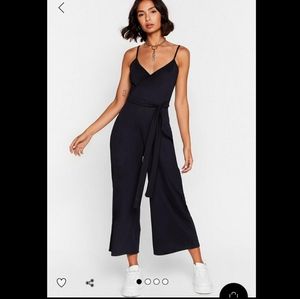 Nasty Gal Black Tie Waist Ribbed Belted Jumpsuit